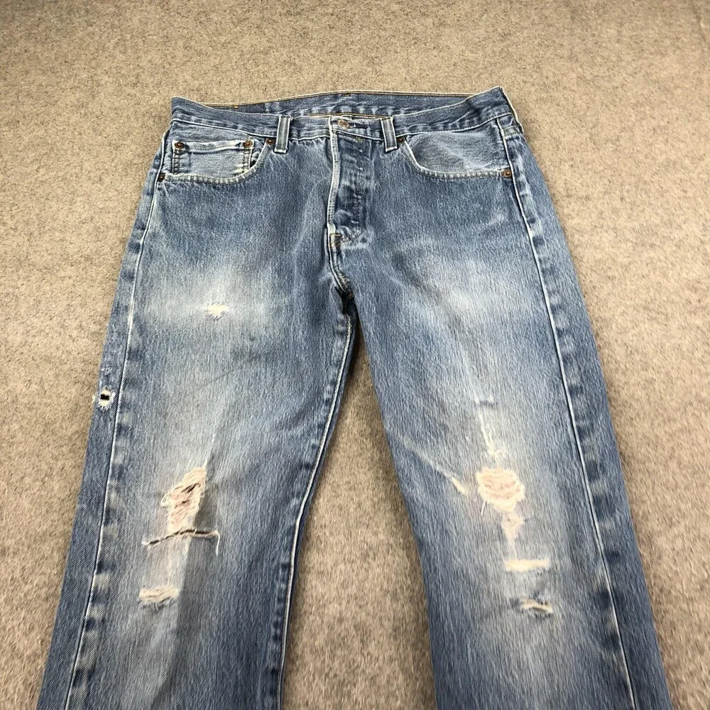 Levis 501 Jeans Mens 31x30 Blue Light Wash Regular Straight Denim Distressed